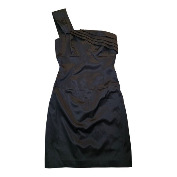 BLACK HALO NWT Black One Shoulder Solid Fitted Pleated Dress 2 Party Formal - Picture 1 of 4